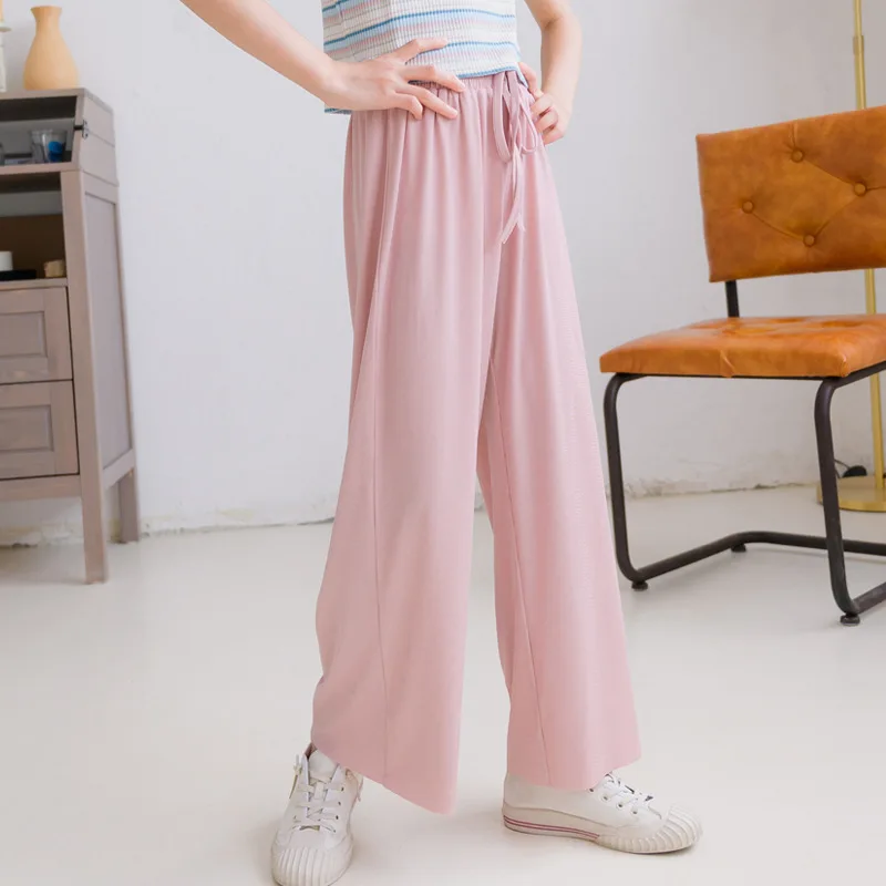 Summer Ice Silk Girls Panst Kids 2022 New Casual Solid Trousers Children Clothes Mid Elastic Waist Drawstring Wide Leg Pants