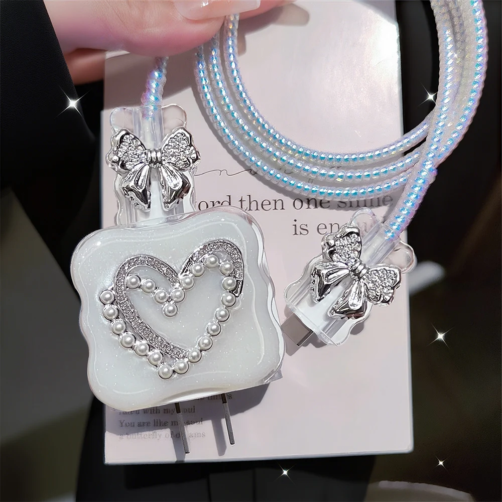 لطيف لؤلؤة الحب القلب القوس الكهربائي الفضة USB حامي غطاء آيفون 18 واط-20 واط كابل نقل بيانات رئيس الحبل شحن سريع