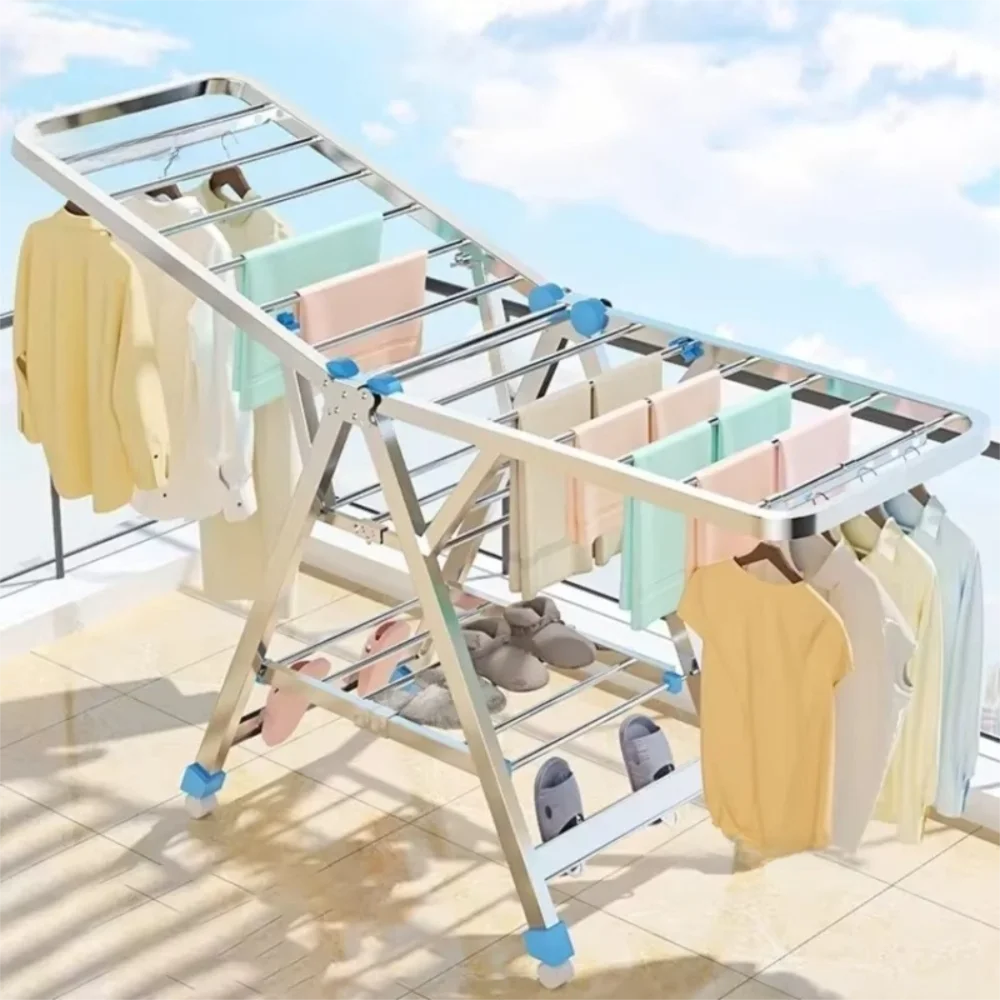 

Foldable Clothes Drying Rack Adjustable Height Stainless Steel Clothes Organizer Racks Floor-Standing Clothing Rod