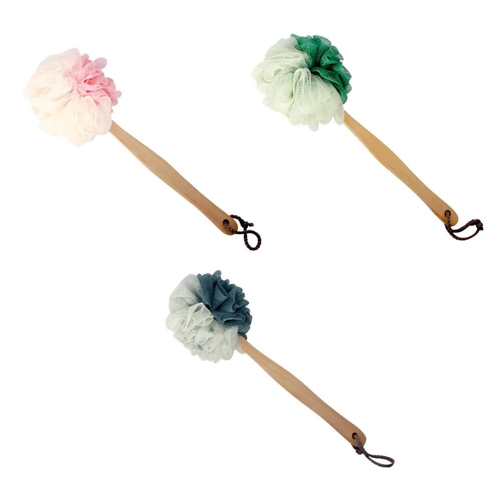 

3pcs Long-Handled Bath Ball Body Washing Tools Assorted Colors Soft Mesh Sponge For Better Lather Back Cleaning Brush Shower