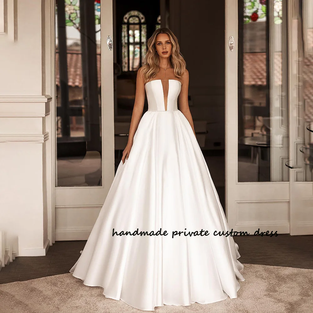 

White A Line Princess Wedding Dresses Deep V Neck Draped Satin Strapless Bride Dress Simple Long Wedding Gowns Customized