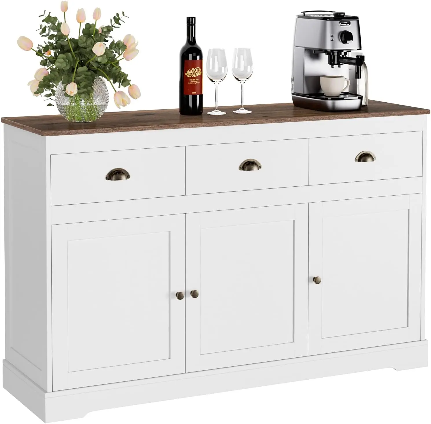 Keyluv White Buffet Cabinet Storage Sideboard Farmhouse Server Bar Wine Cabinet with 3 Drawers & 3 Doors Adjustable Shelves