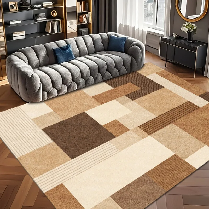 Neutral Geometric Block Area Rug Brown Beige Patchwork Square Pattern Large Floor Mat for Modern Home Decor Area Rug