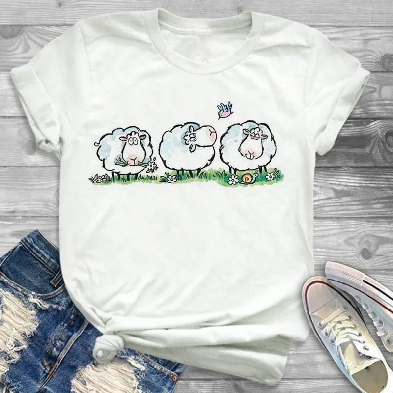Women Lady Kawaii Sheep Graphic Cute Harajuku Geometric Print Tee Casual Daily Summer Women Breathable Refresh Selection Clothes