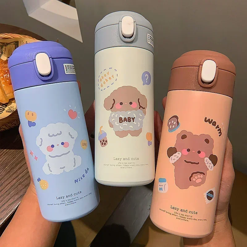 Stainless Steel Thermos Vacuum Flask Cute Cartoon Thermal Water Bottle for Girls 380ML Insulated Straw Cups Tumbler Drinkware