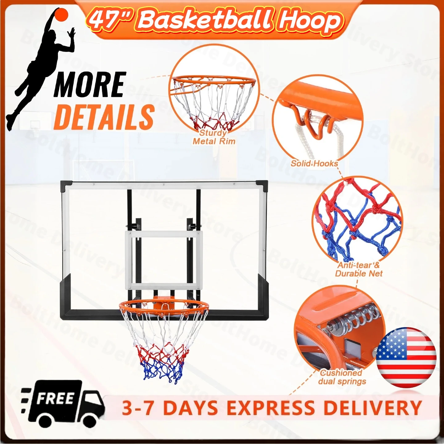 Kosz do koszykówki 47 cali, montowany na ścianie, do użytku wewnątrz i na zewnątrz, łatwy montaż, idealny do garażu, centrum fitness, stodoły, szkoły, siłowni, na kemping.