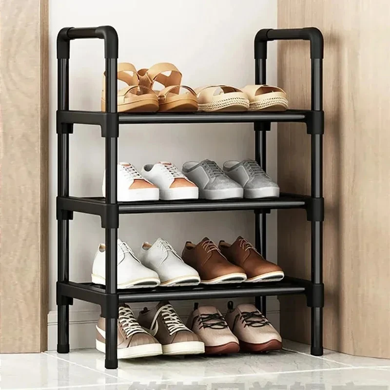 Black Simple Multi-Layer Elevated Shoe Rack, Space Saving Entryway Shoe Storage Shelf for Home Dormitory Rental House