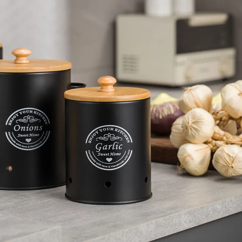 3PCS Kitchen Potato and Onion Storage Bucket Garlic and Potato Breathable Storage Box Set of Metal Cans with Wooden Lids