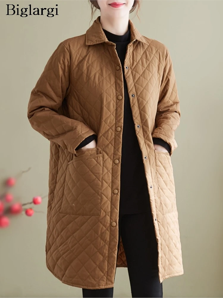 

Oversized Winter Midi Padded Cotton Coat Women Plaid Fashion Casual Loose Ladies Jackets Long Sleeve Woman Shirts Coats