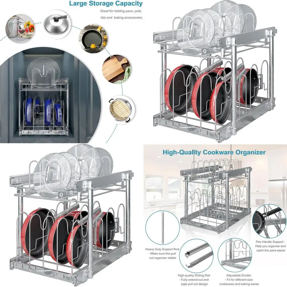 

Full Extension Pull-Out Cabinet Organizer for Pots and Pans, Adjustable Dividers, Fits 15.5 W x 23.5 D x 23.5 H Opening, Chrome