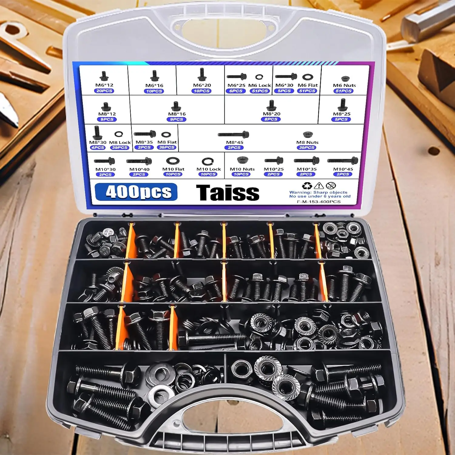 مجموعة متنوعة من مسامير شفة متري 400 قطعة، مسمار M6x1.0 درجة 10.9، مسمار M8x1.25، مسمار M10x1.5 (12 مم إلى 45 مم) لوح زنك أسود #6