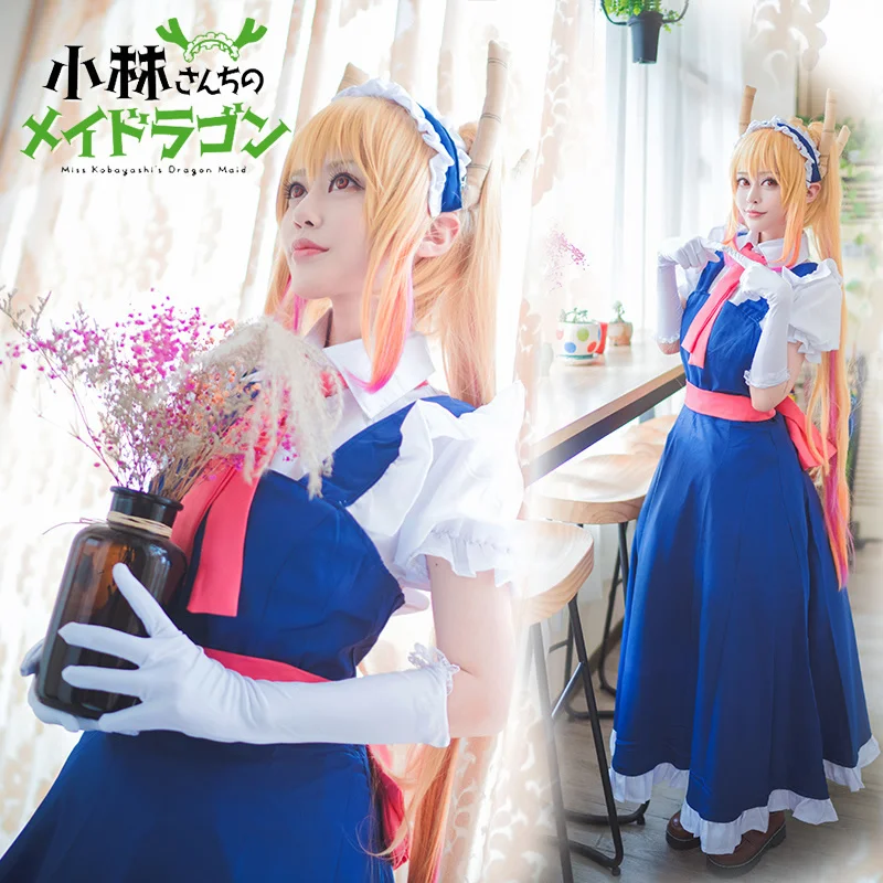 Anime Miss Kobayashi smocza pokojówka Tohru Cosplay kostiumy kobiety Lacauch Kobayashi przyjęcie świąteczne pokojówka kostium peruka ogon