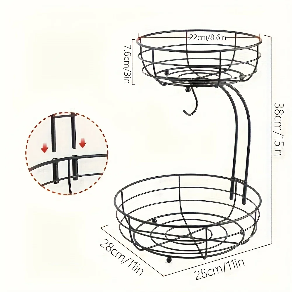 2-Tier Fruit Basket Bowl With Banana Hangers For Kitchen Counter, Fruits Stand Holder Organizer, Vegetable Fruit Bread Organizer