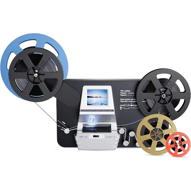 8mm & Super 8 Film to Digital Converter, Film Scanner Digitizer with 2.4 Screen, Convert 3” 5” 7” 9” Reels into