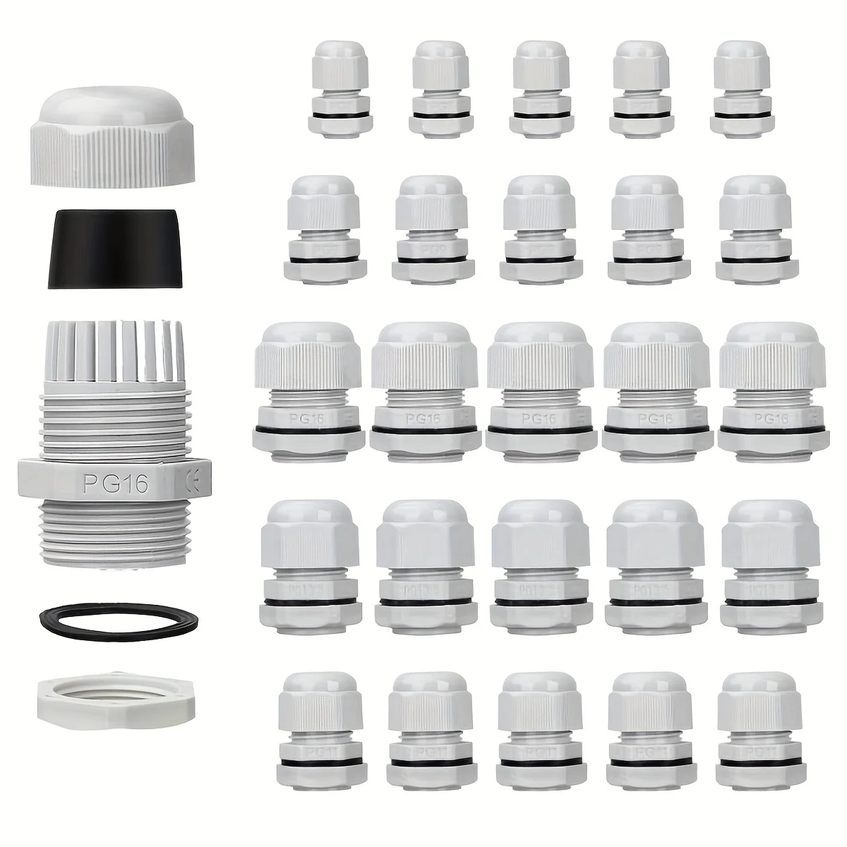 25 Nylon Cable Waterproof Connectors Pg7 Pg9 Pg11 Pg13.5 Pg16, Adjustable 3-14mm Cable Fixing Sleeve, Waterproof and Dustproof Wire Connectors
