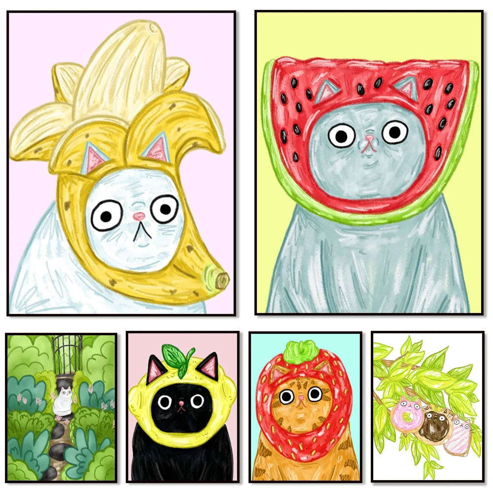 Cat art, lemon cat, cats and plants, fairy cat, cat on a donut tree, cat illustrations, humorous black cat paintings and posters