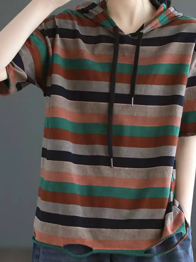 

Trendy Striped Hooded ort Sve Pure Cotton Women's T-irt Age-Defng plus Size Top Summer Commute Sle Casual Wear