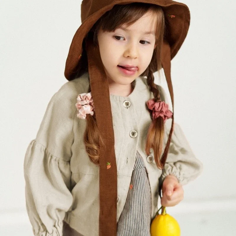 

2025 Autumn Winter New Girls' Round Neck Cardigan Nordic Style Lantern Sleeve Shirt Solid Color Long Sleeved Children's Clothing