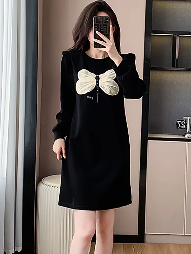 

Autumn Winter Black Patchwork White Bow Chic Mini Dress Women Elegant Casual A-Line Dress 2025 New Korean Bodycon Birthday Dress