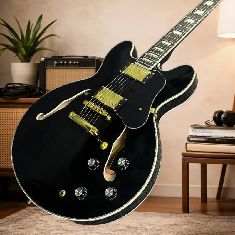 

Черный полуакустический корпус из клена 335 с двойным выходом, гриф из красного дерева, для профессиональной электрогитары с HH-звукоснимателями.