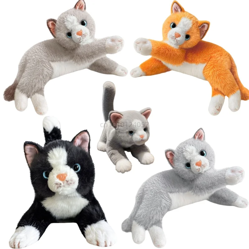 

Kawaii Simulation Naughty Cat Black White Gray Plush Toys Prone Posture Baby Comfort Soft Dolls Cartton Birthday Gifts for Kids