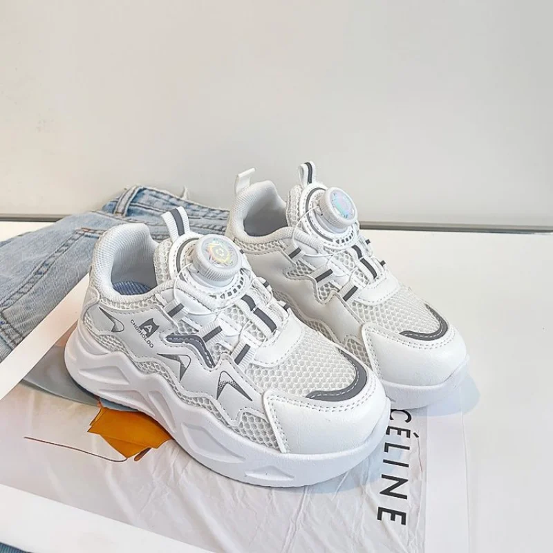 Girls' Sneakers Spring and Autumn New Boys Running Shoes Soft-Soled Mesh Surface Children's Rotating Buttoned Shoes White Shoes