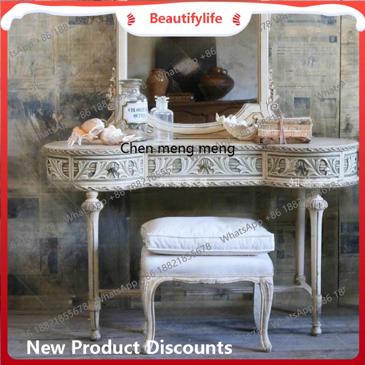 

French retro solid wood carving flower dressing table, dressing table with drawers and mirror dressing table H