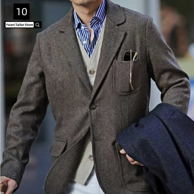 

Herringbone Blazer Vintage Tweed Wool Blend Sport Coat Lapel Collar Lightweight Casual Knit Men's Jacket