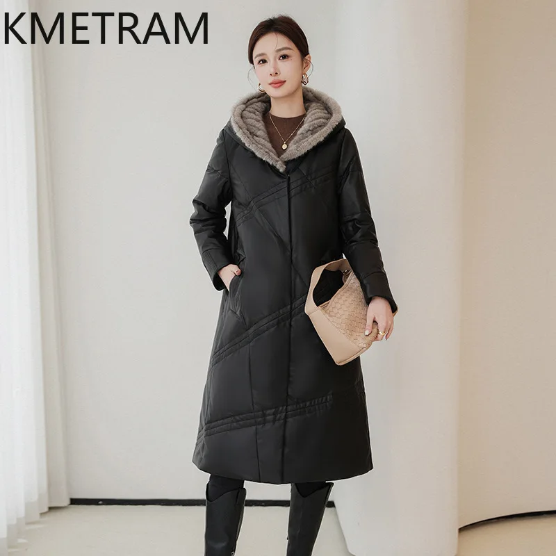 100% pele de carneiro para baixo casacos femininos de couro genuíno longo puffer jaqueta com chapéu de pele de vison 2025 roupas de inverno mulher Пухоiyahaк Ж misce