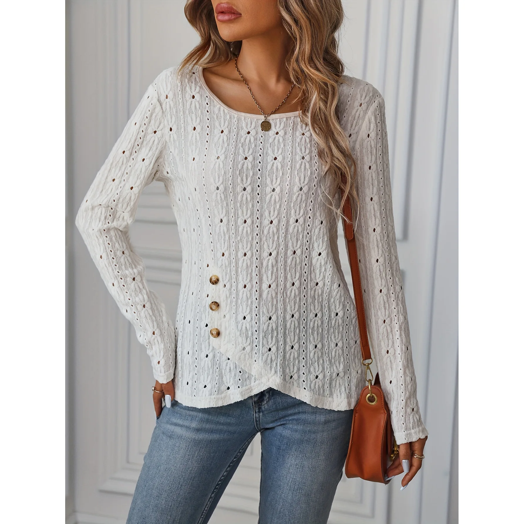 Fashion O-neck Long Sleeve White Lace Tops And Blouse Women 2024 Spring Hollow Out Knitted Blouse Top Femme Shirt For Women