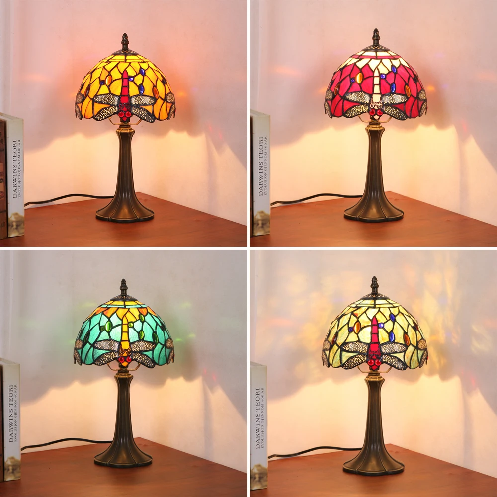 

Tiffany Dragonfly Table Lamp Mediterranean Bedside Lamp Stained Glass Nightstand for Living Room Decoration Bedroom Study Light