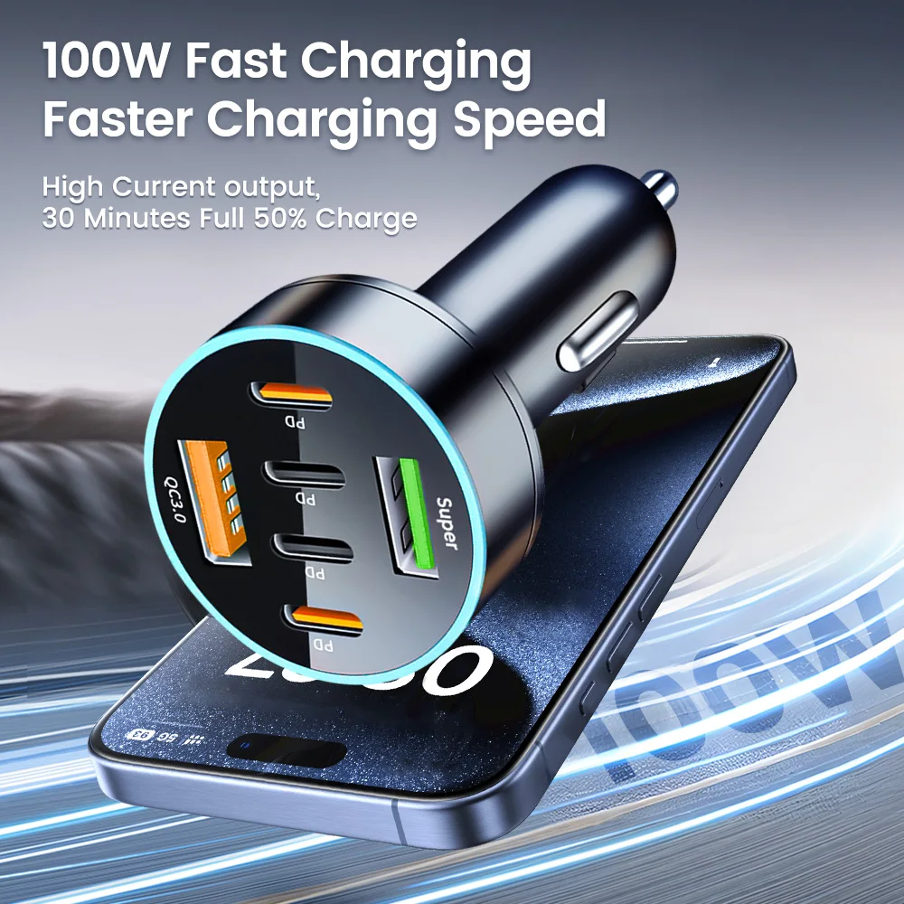 100w 6 in 1 Car Charger For Xiaomi iPhone 15Pro Max Oneplus Honor POCO 6ports 2USB A+4Type C PD Fast Charging Cellphones Adapter