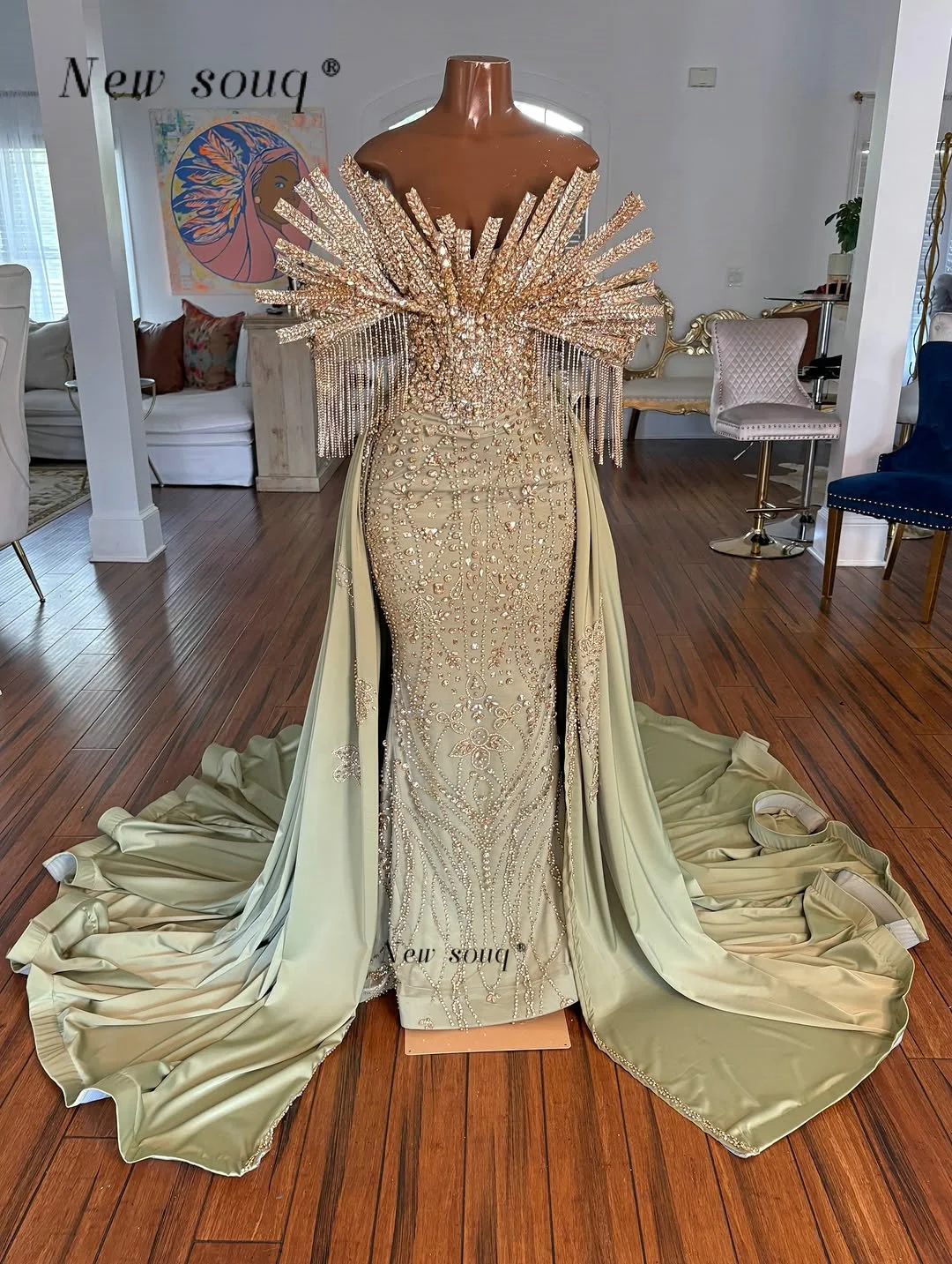 

Зеленые вечерние платья из двух частей с роскошными тяжелыми кристаллами и бисером, с открытыми плечами, с накидками, для свадеб и торжественных ужинов, на заказ