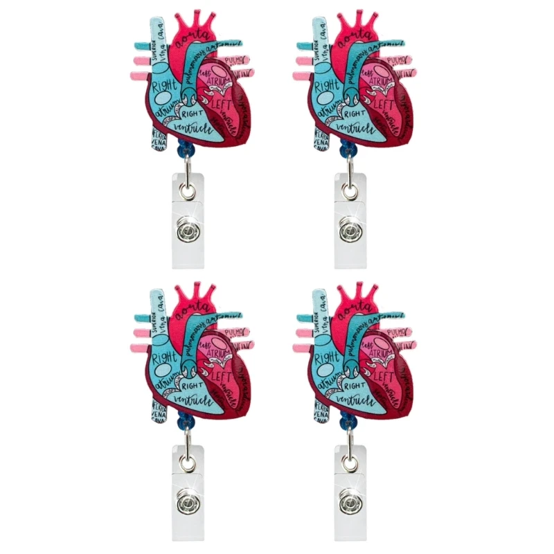 4pcsTelemetry Cardiology Nurse Badge Holder Anatomical Heart Badge Reel Retractable Telemetry Nurse Name Card Holder