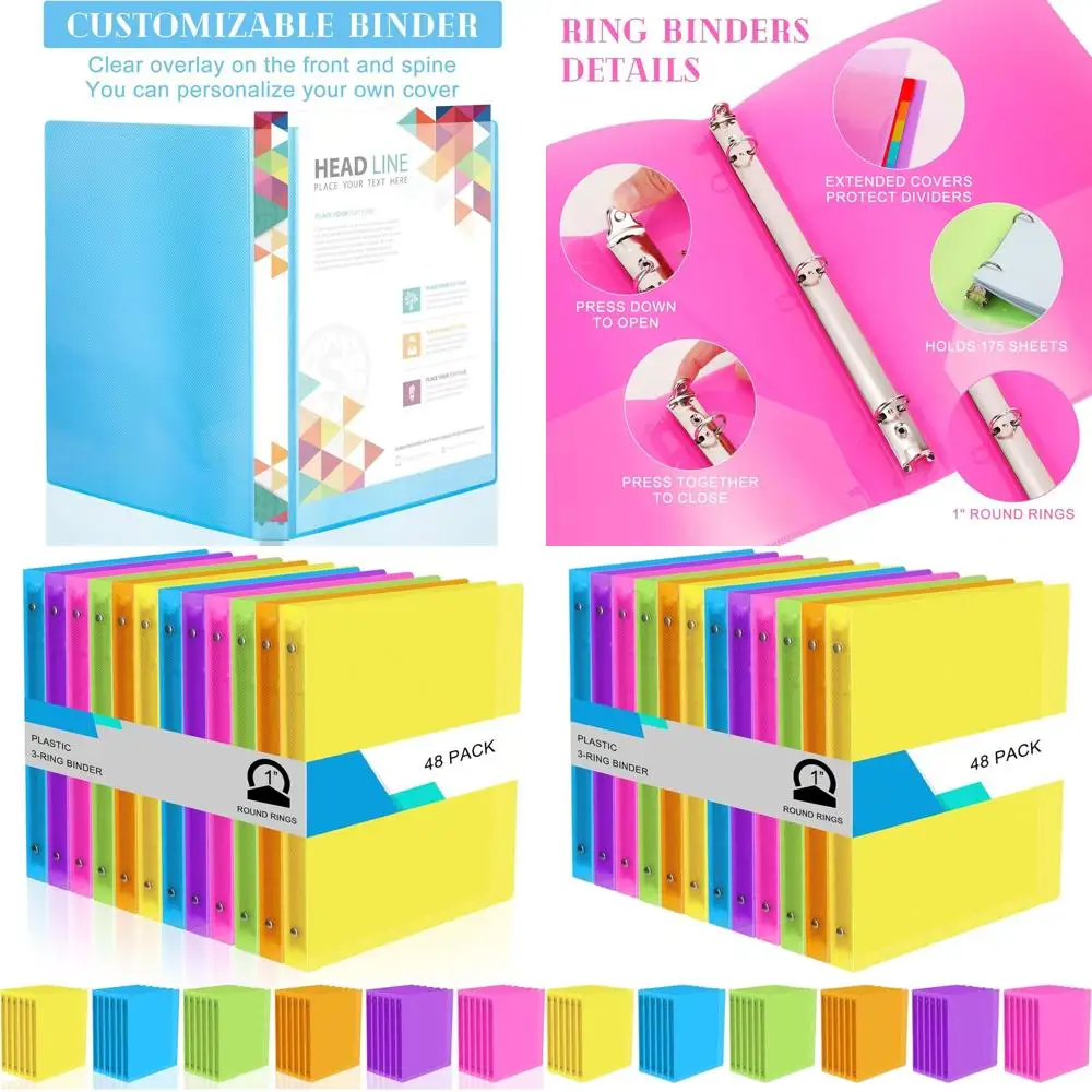 

1 Inch 48 Pack Plastic 3-Ring Binders with 2 Keys, Flexible Loose Leaf, 12x10 US Letter Size, for School and Office, 6 Bright Co