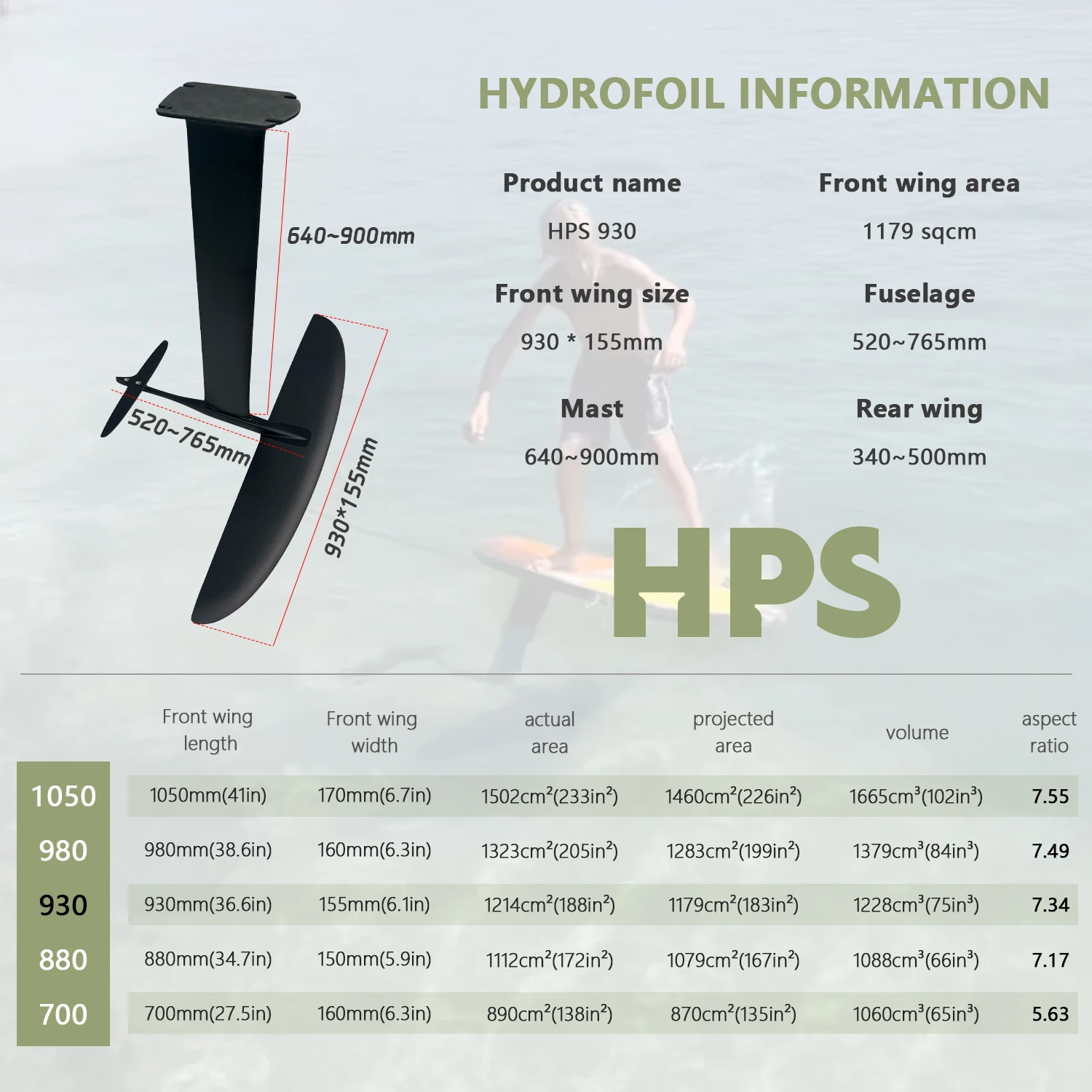 Customizable LOGO GY-HPS930 Carbon Fiber Hydrofoil 1179sqcm Surfing Wind Wing Device Factory Direct Price