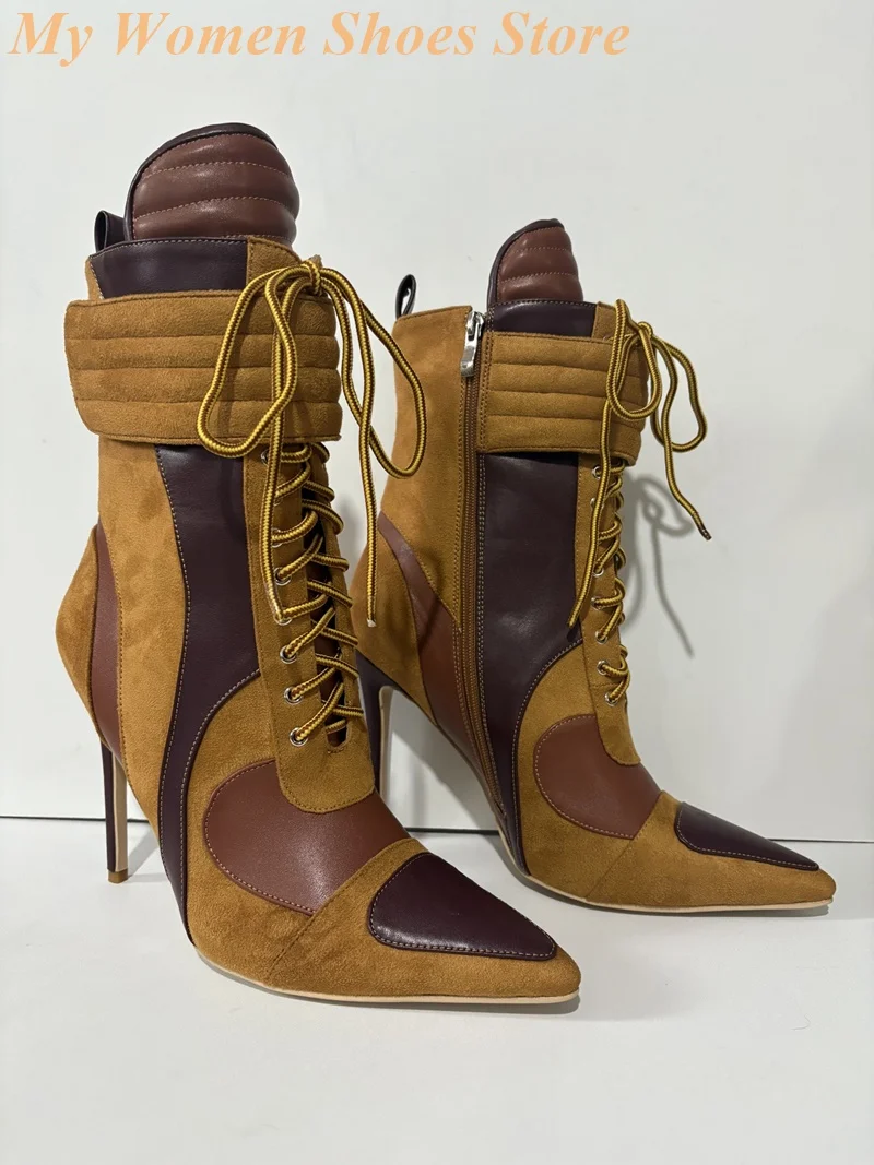 الدانتيل يصل المرقعة الكاحل الجوارب مثير مدبب تو خنجر رقيقة عالية الكعب المدرج 2026 الشتاء الخريف النساء فستان أحذية سستة #6