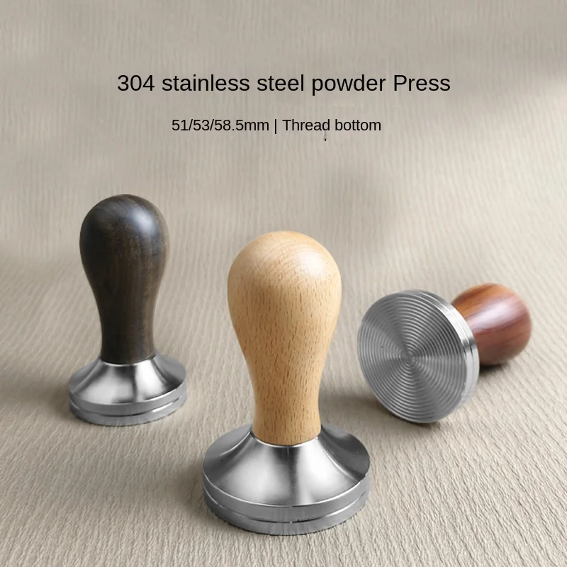 Coffee tamper 51/53/58.5mm wooden handle powder press 304 stainless steel threaded bottom solid powder press tamper