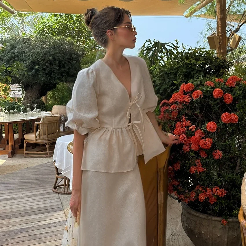 

Woman V-Neck Puff Sleeve A-Line Long Skirt 2 Piece Sets Outfit Summer Fashion Folds Khaki Loose Set Pure Cotton Woven Suit