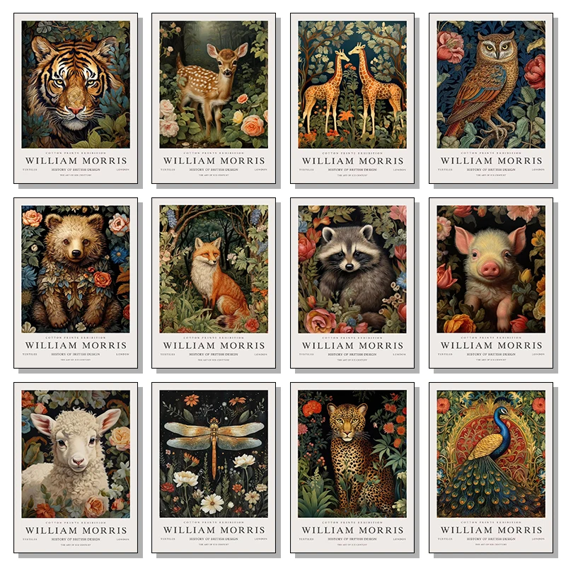 Vintage William Morris búho pavo real León Tigre conejo Animal arte botánico póster lienzo pinturas pared imágenes artísticas decoración del hogar