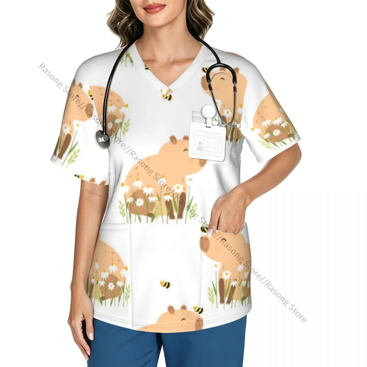 Funny Capybara With Flowers Bee Scrubs Medical Uniforms Women V Neck Short Sleeve Tunic Scrubs Tops Nursing Surgical Uniforms