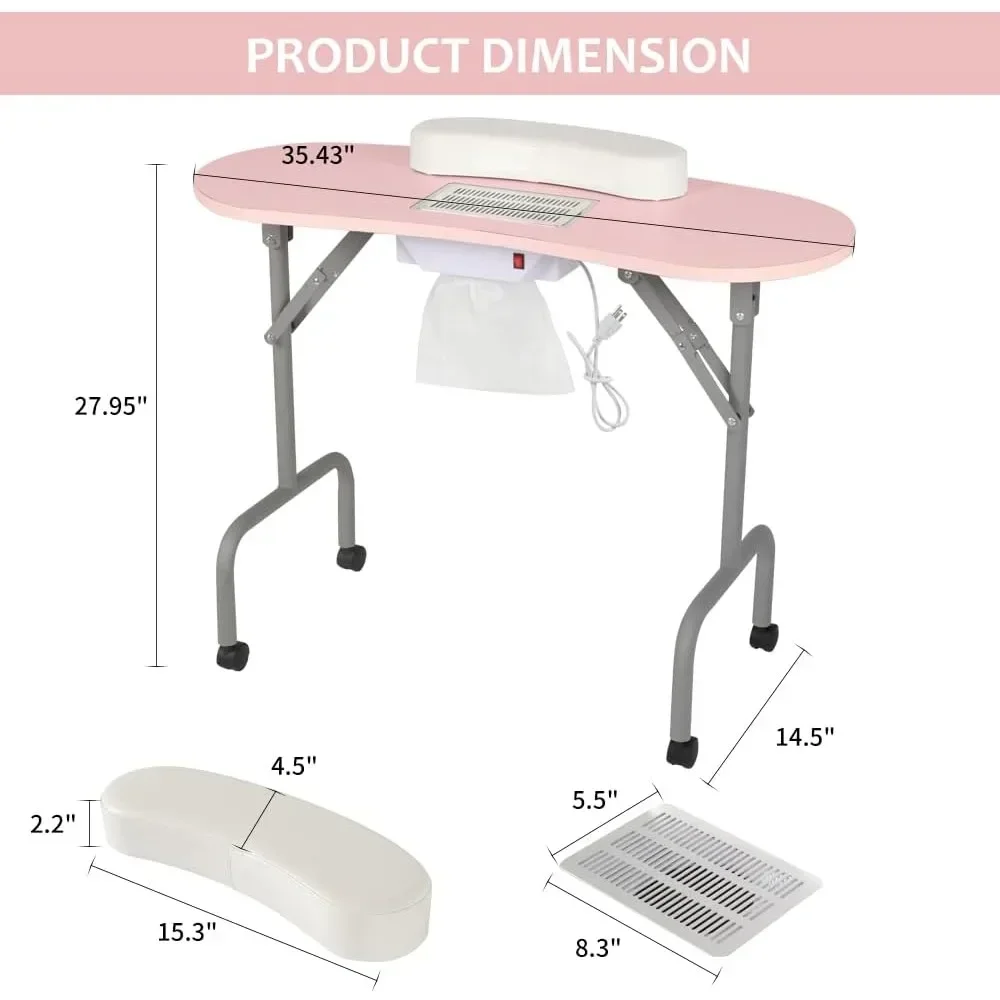 Portable Manicure Table Foldable Nail Desk with Charging Station Dust Collector Professional Nail Tech Table for Technician Spa