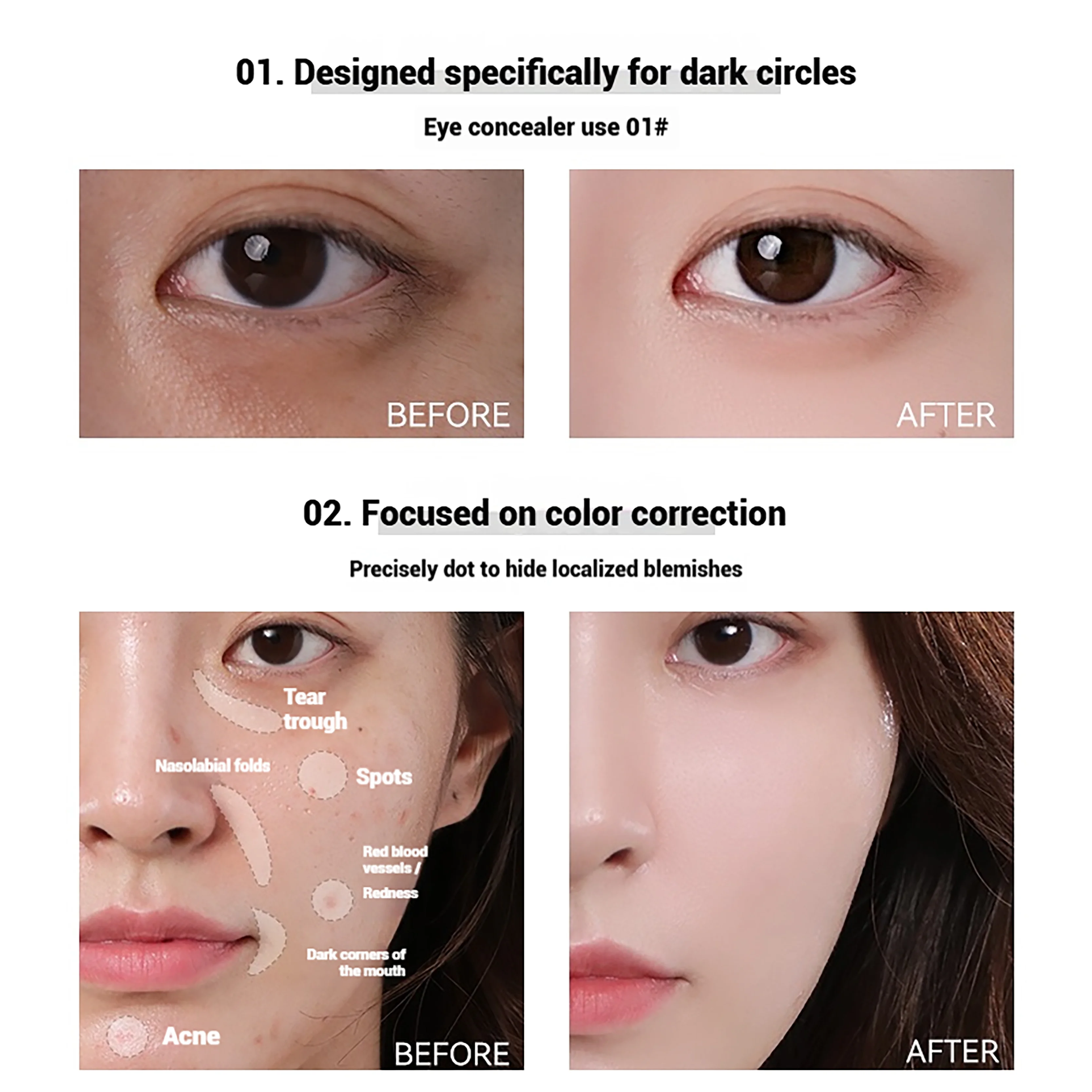 防水性と耐汗性に優れたコンシーラーフルイド。クマ、シミ、ニキビ跡をカバーし、涙溝を明るくします。