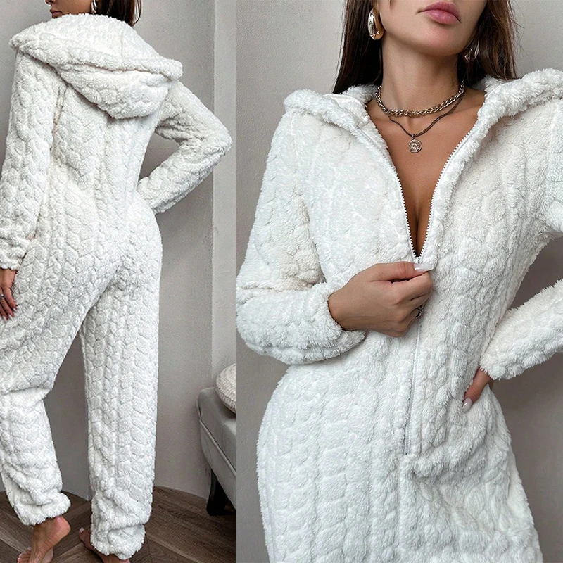 Ashion Women's Solid Color Wool Hooded Long Sleeve Deep V Sexy Jumpsuit Elegant Overalls Autumn Winter Pajamas Sleepwear