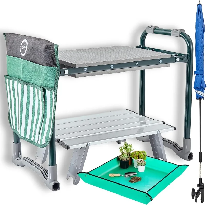 Garden Kneeler Seat Bench-Foldable-Saves Your Back and Knees! Extras Included-SunShade Umbrella , Wide EVA Foam Pad (10.2