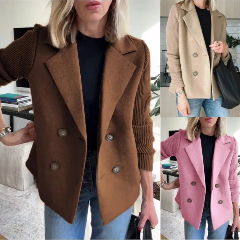 

New Knitted Long Sleeves Women'S Coat Short Spring Casual Tweed Suit Office Jacket Blend Wool Coat Double Breasted Blazer Female