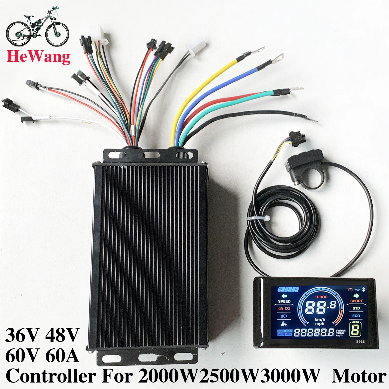 

36 В 48 В 60 В 60 А 2000 Вт 3000 Вт Контроллер синусоидальной волны с бесщеточным двигателем для электронного велосипеда с цветным ЖК-дисплеем S966 для скутера E-Mountain Bike