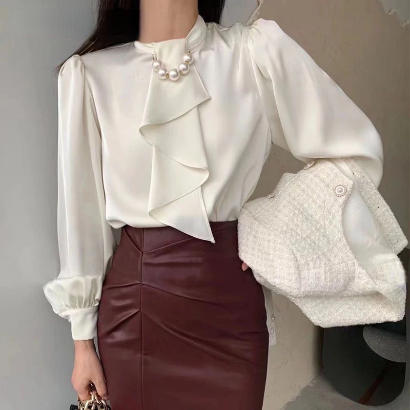 

Women Satin Bow Beads Chic Luxury Design Blouses Fashion White Office Lady Business Casual Shirts Long Sleeve Tops Blusa P49