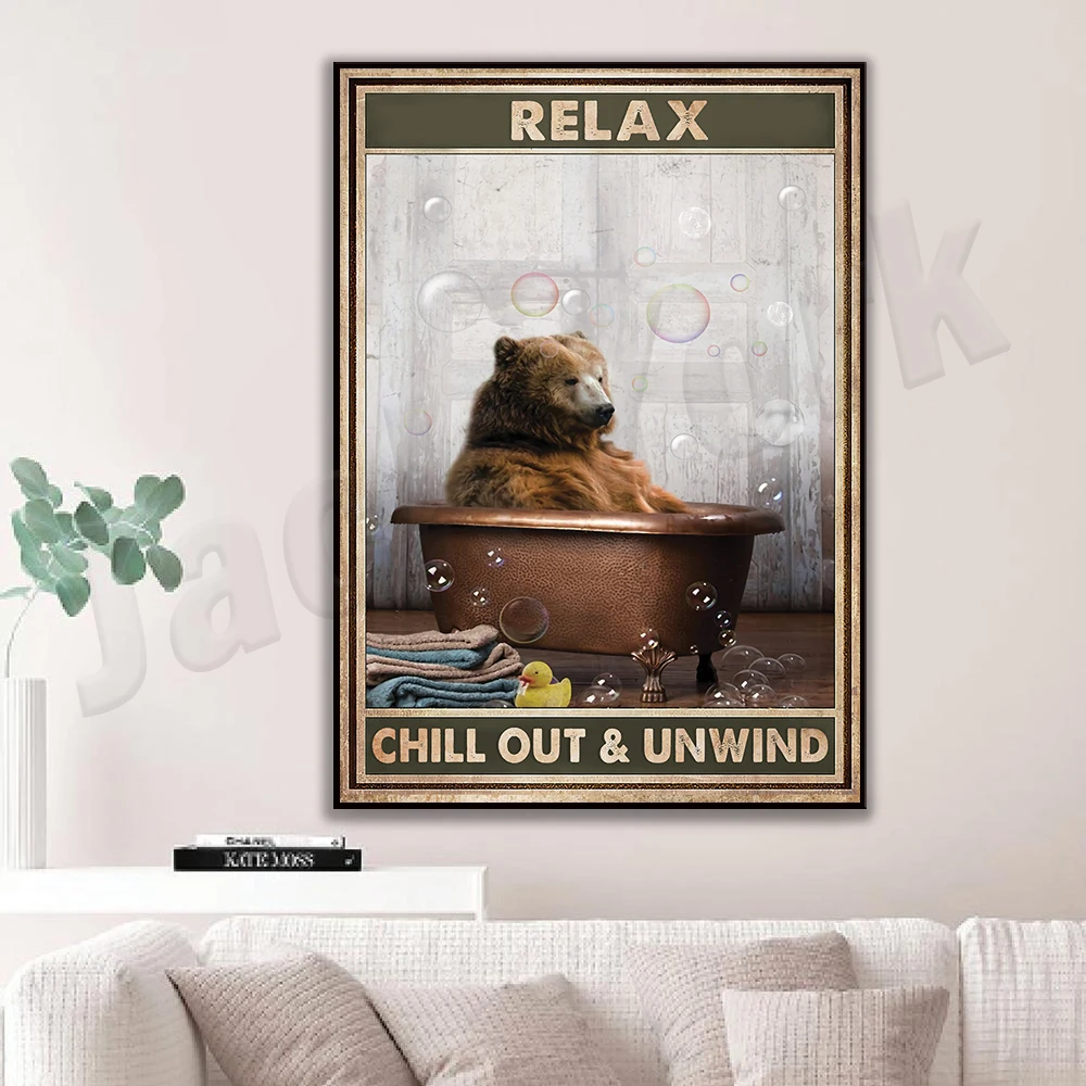 Relax Chill Out And Unwind Funny Cute Bear Vintage Poster Bathroom Toilet Wall Art Poster Inspirational Decor