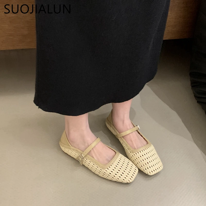 SUOJIALUN 2024 Spring New Women Flat Shoes Fashion Weave Square Toe Ladies Mary Jane Shoes Soft Flat Heel Dress Ballerinas Shoes